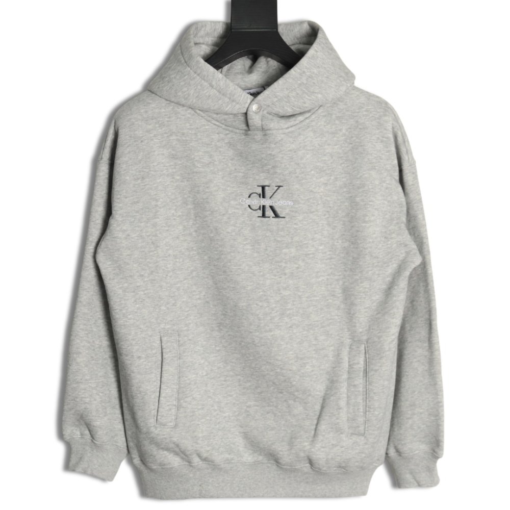 DDKicks Calvin Klein  Grey Embroidered Letter Hidden Button Hooded Sweatshirt Women's